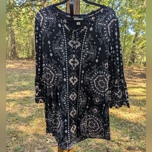 Style & Co. Black and Cream Printed Bell Sleeve Tunic Dress